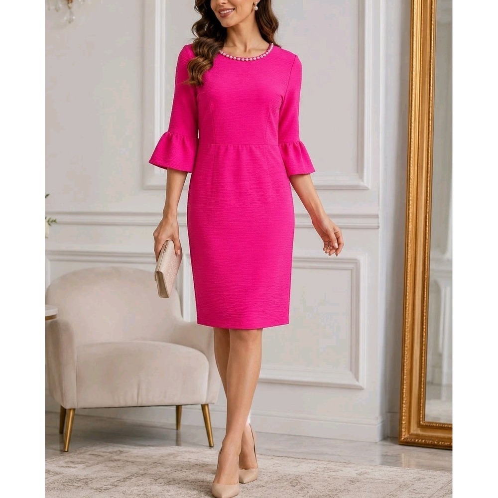 NWT NY Collection Pink Pearl Neck Shift Dress Large L Hot Pink Bell Sleeve